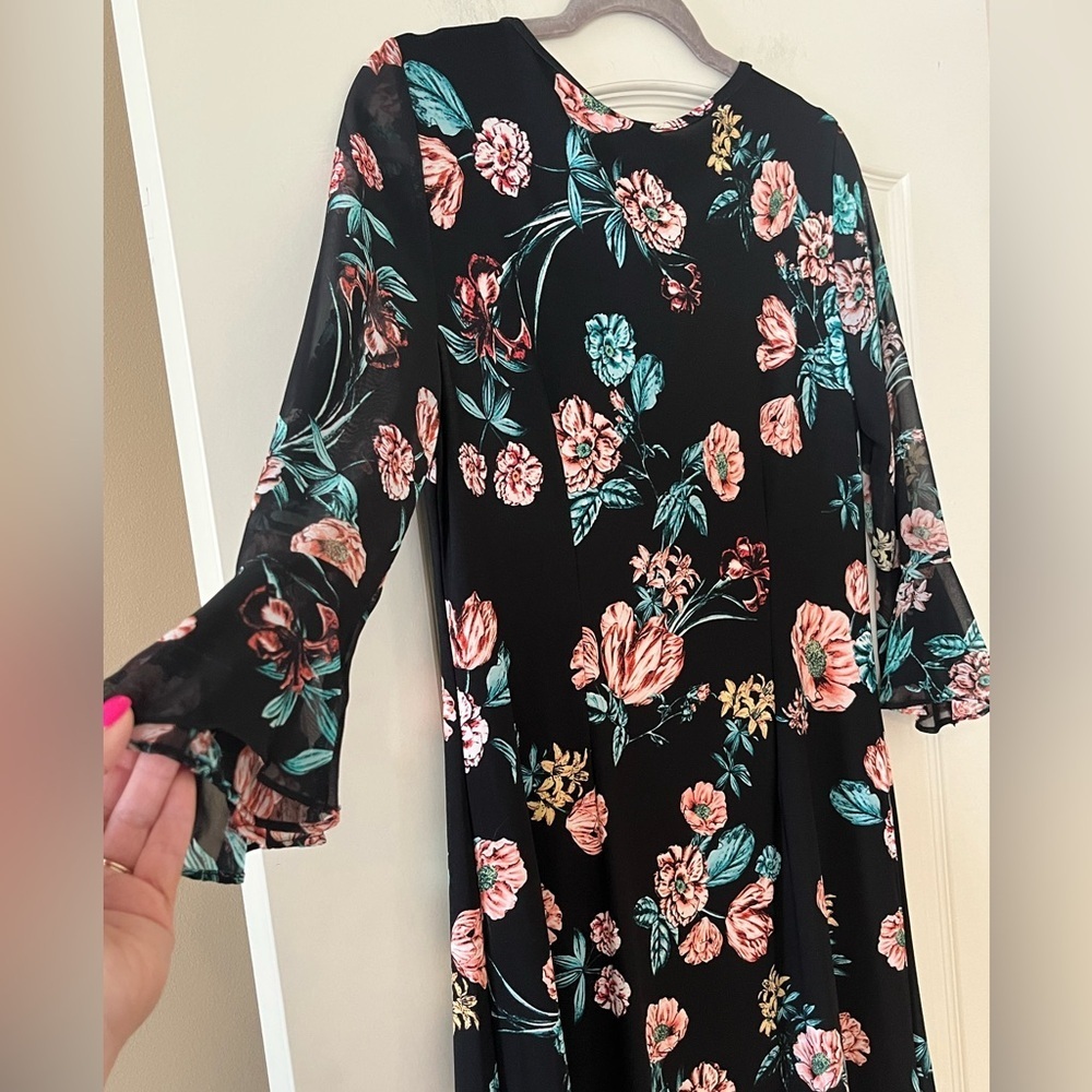 Roz & Ali Black Floral Tie-Front, Sheer Long Sleeve Dress Women’s Size Medium - Picture 3 of 15